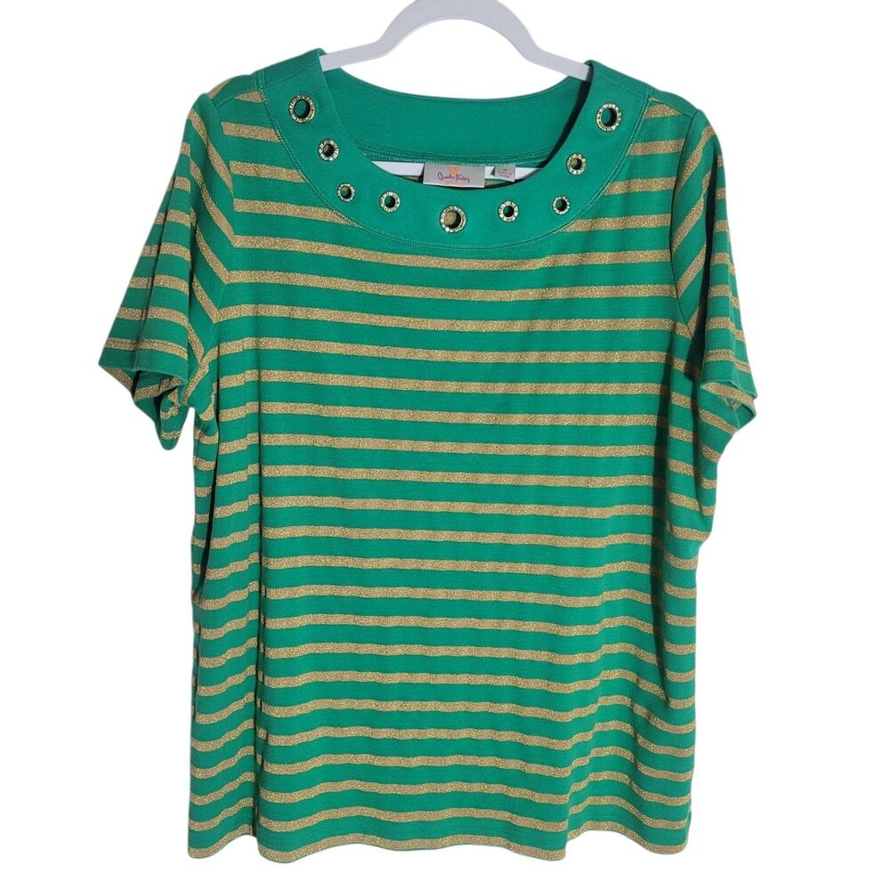 Quacker Factory Tee Shirt Women Plus Size 1X Green Gold Metallic Striped Holiday